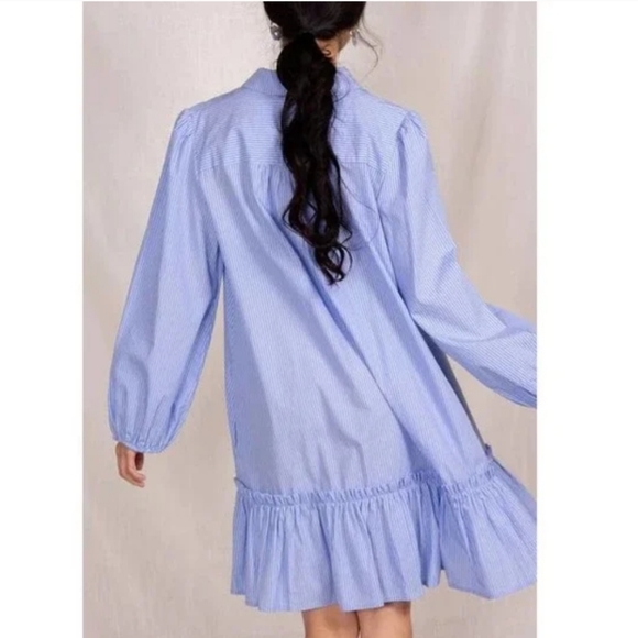 ANTHROPOLOGIE Blue Striped Shirtdress Size M Ruffle Hem Button Up Balloon Sleeve - Picture 2 of 11
